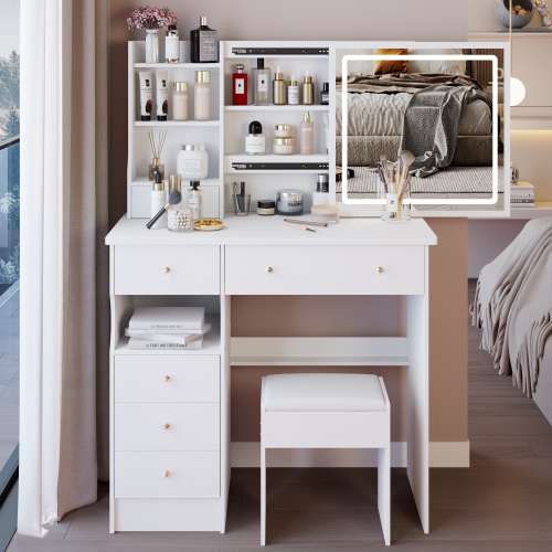 37" Left Drawer Desktop LED Vanity Table + Cushioned Stool, Large Sliding, Touch Control, 3-color Switching Mirror, High Capacity Storage Fashionable Makeup Dressing Set, EPA, GCC, UL Certificate - White - MDF - American Design