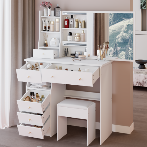 37" Left Drawer Desktop Makeup Vanity Table + Cushioned Stool, Extra Large Right Sliding Mirror, Multi Layer High Capacity Storage, Practical Fashionable Makeup Dressing Set, EPA, GCC, UL Certificate - White - MDF - American Design