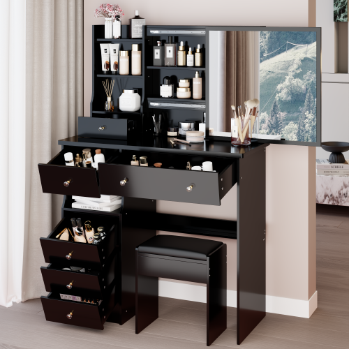 37" Left Drawer Desktop Makeup Vanity Table + Cushioned Stool, Extra Large Right Sliding Mirror, Multi Layer High Capacity Storage, Practical Fashionable Makeup Dressing Set, EPA, GCC, UL Certificate - Black - MDF - American Design