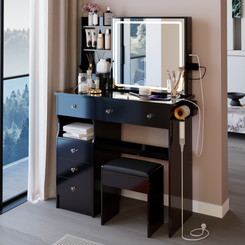 37" Left Drawer Desktop Vanity Table + Cushioned Stool, 2 AC+2 USB Socket, Hair Dryer Stand, Large Touch Control LED Sliding Mirror, 3-color Switch Makeup Dressing Set, EPA, GCC, UL Certificate - Black - MDF - American Design