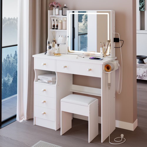 37" Left Drawer Desktop Vanity Table + Cushioned Stool, 2 AC+2 USB Socket, Hair Dryer Stand, Large Touch Control LED Sliding Mirror, 3-color Switch Makeup Dressing Set, EPA, GCC, UL Certificate - White - MDF - American Design