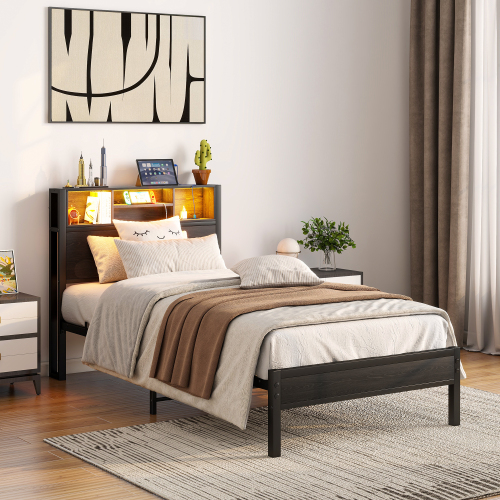 Twin Size Bed Frame with Storage Headboard, Metal Platform Bed with Charging Station, Bookcase Storage, Easy Assembly - Black - Metal & Wood - Bedroom - Box Spring Not Required - Brown - Iron - Not Specified