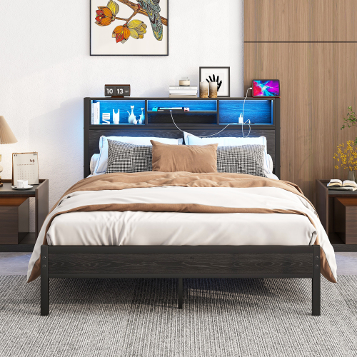 Full Size Bed Frame with Storage Headboard, Metal Platform Bed with Charging Station, Bookcase Storage, No Box Spring Needed, Easy Assembly, Noise-Free, Black - Metal & Wood - Bedroom - Box Spring Not Required - Brown - Iron - Not Specified
