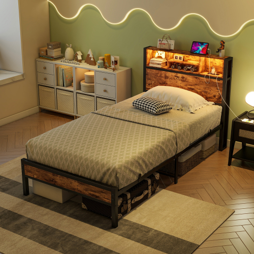 Twin Size Bed Frame with Storage Headboard, Metal Platform Bed with Charging Station, Bookcase Storage, Easy Assembly - Brown - Metal & Wood - Bedroom - Box Spring Not Required - Brown - American Design,American Traditional,Antique,Casual,Classic