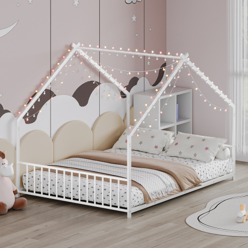 Full size children's bed frame with LED light strips, roof-shaped iron frame bed, White,78.5" L x 55.9" W x 58.4" H. - White (Old SKU)