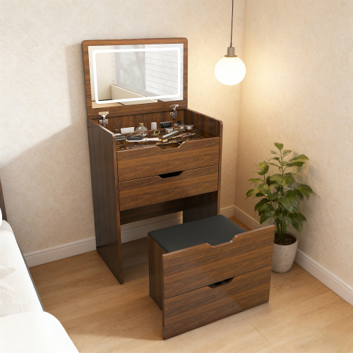 3-in-1 Vanity Desk with Lighted Mirror & Stool, Flip Top Makeup Dressing Table, Compact Storage for Bedroom, Bathroom, Dressing Room(23.62"L, Walnut) - 23.62"L, Walnut, Black Cushion - MDF - Not Specified - Not Specified - Not Specified - Not Specified