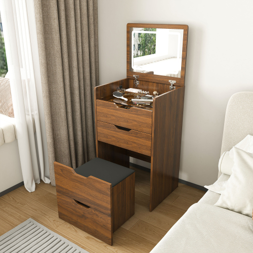 3-in-1 Vanity Desk with Lighted Mirror & Stool, Flip Top Makeup Dressing Table, Compact Storage for Bedroom, Bathroom, Dressing Room(18.9"L, Walnut) - 18.9"L, Walnut, Black Cushion - MDF - Not Specified - Not Specified - Not Specified - Not Specified
