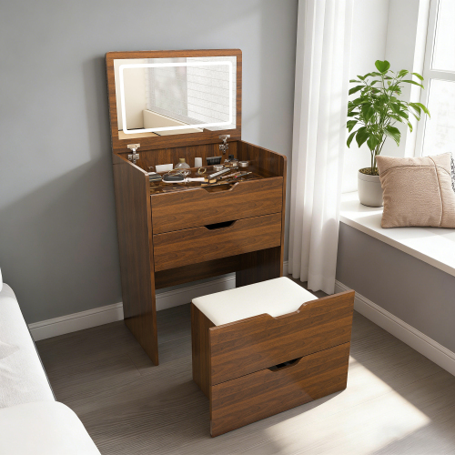 3-in-1 Vanity Desk with Flip Top Lighted Mirror & Storage Stool, Compact Makeup Dressing Table for Bedroom, Bathroom, or Dressing Room (23.L, Walnut) - 23.62"L, Walnut, White Cushion - MDF - MDF+glass - American Design,Modern - Walnut Finish - Primary Living Space