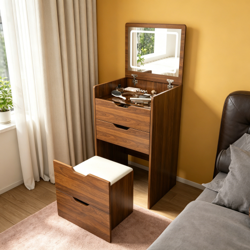 3-in-1 Vanity Desk with Lighted Mirror & Stool, Flip Top Makeup Dressing Table, Compact Storage for Bedroom, Bathroom, Dressing Room (18.9"L, Walnut) - 18.9"L, Walnut, White Cushion - MDF - MDF+glass - American Design,Modern - Not Specified - Primary Living Space