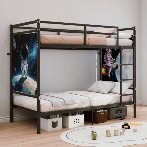 Single-bed size bunk bed with ladder and high guardrail, includes 2 printed posters, single-layer weight capacity over 400 lbs, storage space, black. - Metal - Bathroom - Twin - Box Spring Not Required - Not Specified - Metal - Modern - Not Specified - Modern
