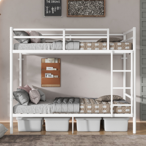 Twin Over Twin Metal Bunk Bed with Ladder High Guardrails Heavy Duty Iron Frame Noise-Free Design Under Bed Storage No Box Spring Needed Dorm Kids Adults Home, White - Bedroom - Box Spring Not Required - Bedroom - Not Specified - Not Specified - Not Specified