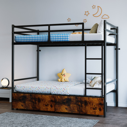 Twin Over Twin Bunk Bed, Metal Bunkbeds with Ladder, Space Saving, No Boxing Spring Needed, Black - Bedroom - Box Spring Not Required - Iron - Bedroom - Not Specified - Not Specified - Not Specified