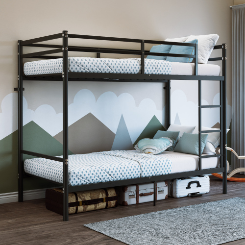 Heavy Duty Twin Over Twin Metal Bunk Bed – 485 lbs Max Load, Reinforced Steel Frame with 14" High Guardrails, Sturdy Space-Saving Bed Frame for Kids Teens Adults, No Box Spring Needed, Black - Bedroom - Box Spring Not Required - Iron - Bedroom - Not Specified - Not Specified - Not Specified