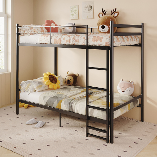 Twin Over Twin Metal Bunk Bed, Heavy Duty Bed Frame with Anti-Slip Ladder & Tall Safety Guardrails, Space-Saving Bunkbeds with Under-Bed Storage for Kids Teens Adults, Black - Bedroom - Box Spring Not Required - Iron - Not Specified - Not Specified - Not Specified