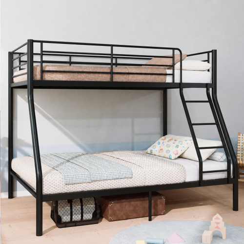 Bunk Beds Twin Over Full Size, Heavy-Duty Metal Frame with 990 lbs Bottom Capacity, High Guardrails,Noise-Free Slats, No Box Spring Needed, 1-Box Easy Assembly for Kids Teens Adults,Black - Bedroom - Box Spring Not Required - Iron