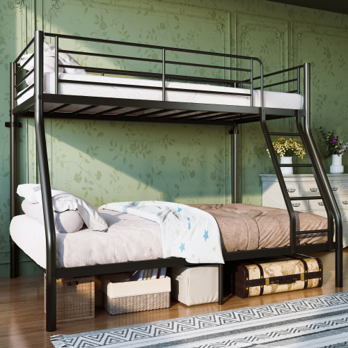 Metal Twin Over Full Size Bunk Bed for Adults & Kids,Twin Over Full Bunk Beds, 650+750Ibs Capacity,Bunkbeds with Length Guardrail and Ladder, No Box Spring Needed,Space Saving,Black - Bedroom - Box Spring Not Required - Iron