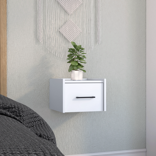 Boa Floating Nightstand , End Table, Side Table Wall-Mounted Single Drawer Design with Handle- White - Bedroom - Particle Board - Particle Board