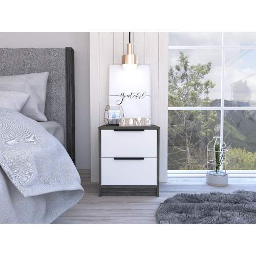 Nightstand Cervants, Two Drawers, Metal Handle, Smokey Oak / White Finish - Multicolor - Particle Board