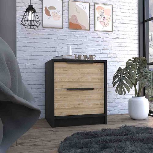 Nightstand Cervants, Two Drawers, Metal Handle, Black wengue / Pine Finish - Multicolor - Particle Board