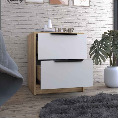 Nightstand Cervants, Two Drawers, Metal Handle, White / Pine Finish - Multicolor - Particle Board