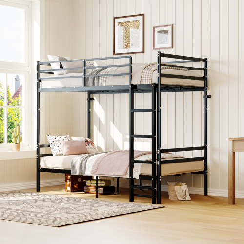 Bunk Bed Twin Over Twin for Kids/Teens/Adults Duty 2 Decker Bed with Flat Ladder, Metal Space Saver Bed with Stairs, Black - Bedroom - Box Spring Not Required - Iron