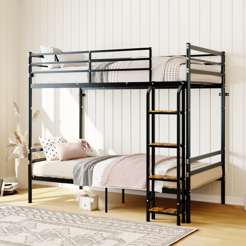 Bunk Bed Twin Over Twin for Kids/Teens, Non-slip SAFETY Ladder with wide Wooden step, High Guardrail,One layer with 19 bars and support 600LBS, Big storage space under the bed,Convertible 2 Beds,Black - Metal - Metal - Bedroom - Box Spring Not Required - Iron