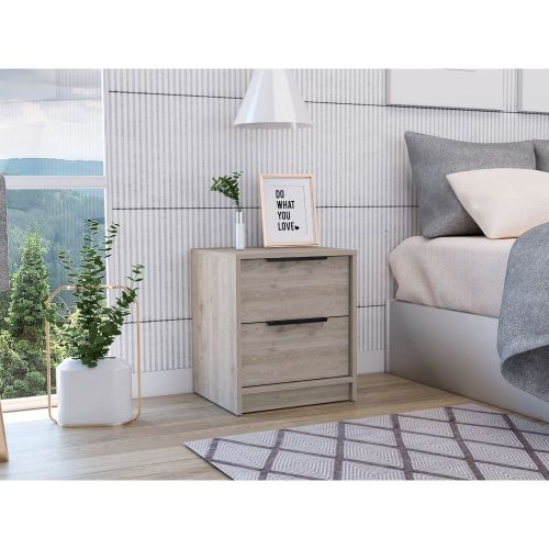 Kaia Nightstand , End Table, Side Table Two Drawers, Metal Handle -Light Gray - Particle Board - Particle Board - Modern - 2 Drawers - Shelf - Rectangle - Bedroom