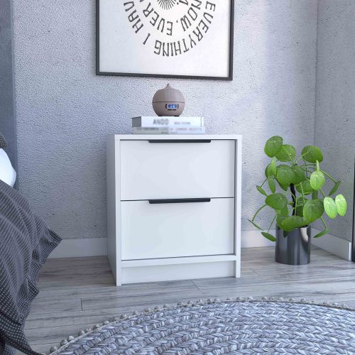 Kaia Nightstand , End Table, Side Table Two Drawers, Metal Handle -White - Particle Board - Particle Board - Modern - 2 Drawers - Shelf - Rectangle - Bedroom