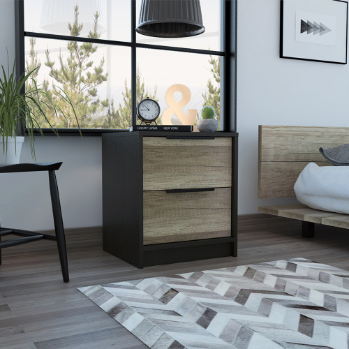Kaia Nightstand , End Table, Side Table Two Drawers, Metal Handle -Black / Pine - Multicolor - Particle Board - Particle Board - Not Specified - Not Specified - Not Specified - Not Specified - Not Specified