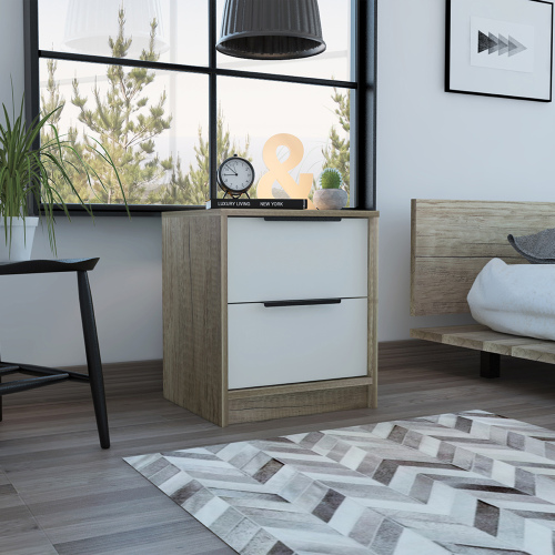 Kaia Nightstand , End Table, Side Table Two Drawers, Metal Handle -White / Pine - Multicolor - Particle Board - Particle Board - Not Specified - Not Specified - Not Specified - Not Specified - Not Specified