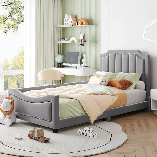 Twin Size Upholstered Daybed with Classic Stripe Shaped Headboard, Gray - Velvet - Not Specified - Not Specified
