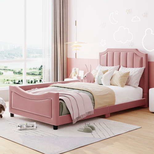 Twin Size Upholstered Daybed with Classic Stripe Shaped Headboard, Pink - Velvet - Not Specified - Not Specified