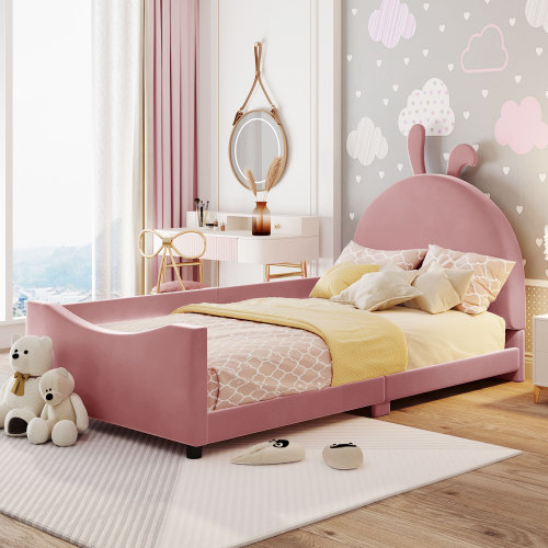 Twin Size Upholstered Daybed with Rabbit Ear Shaped Headboard, Pink - Velvet - Not Specified - Not Specified
