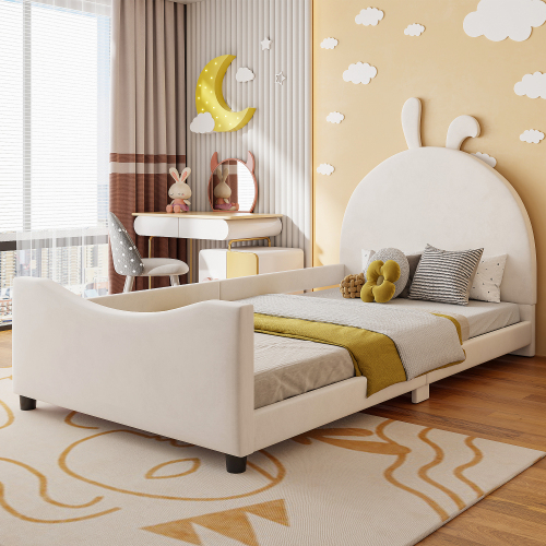 Twin Size Upholstered Daybed with Rabbit Ear Shaped Headboard, Beige(OLD SKU: WF308907AAA) - Velvet - Not Specified - Not Specified