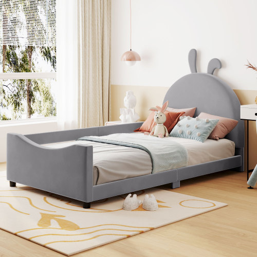 Twin Size Upholstered Daybed with Rabbit Ear Shaped Headboard, Gray(OLD SKU: WF308907AAE) - Velvet - Not Specified - Not Specified