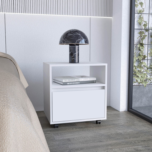 Nightstand 20"H, with One Open Shelf, 1 Drawer and Casters, White - Particle Board - Particle Board