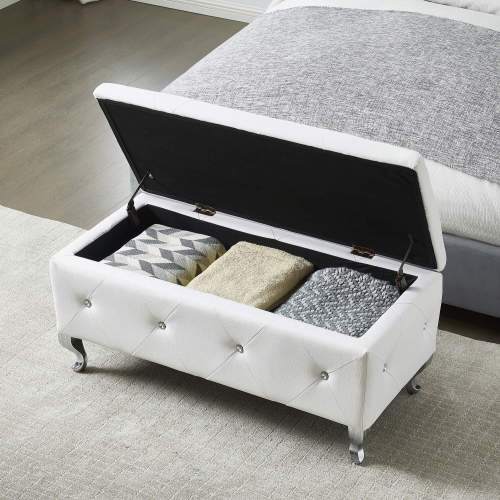 Upholstered Storage Ottoman Bench For Bedroom End Of Bed Faux Leather Rectangular Storage Benches Footrest With Crystal Buttons For Living Room Entryway (White) - White PU - Solid Wood+MDF - Foam - American Design,European,Glam,Luxury,Modern - Vanity Stools - Pine - Wood - Flip Top - Black