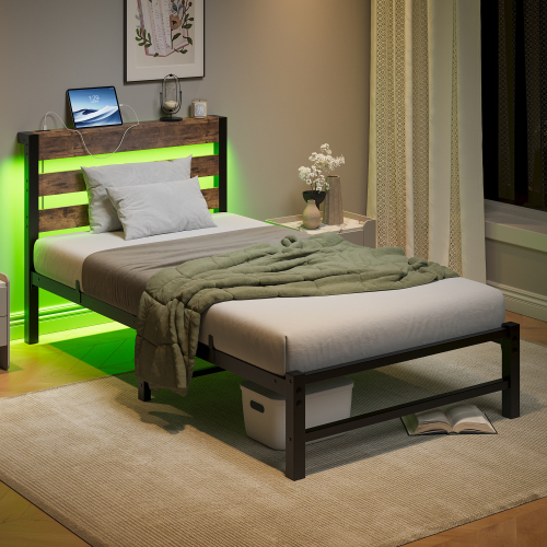Twin Size Bed Frame Heavy Duty Platform Bed Frame with Headboard, USB Charging Station, LED Bed, No Box Spring Needed, Mattress Foundation, Strong Steel Slats, Noise Free, Brown - Brown MDF Wood - Metal & Wood - Antique,Farmhouse,Rustic,Vintage - Bedroom - Box Spring Not Required - Metal