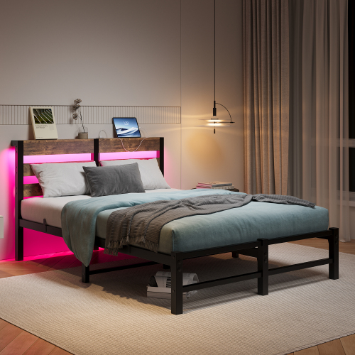 Full Size Metal Bed Frame with Wooden Headboard, RGB Lights, Charger, Storage Shelf, Noise-Free, No Box Spring Needed,Rustic Brown - Brown MDF Wood - Metal & Wood - Not Specified - Bedroom - Box Spring Not Required