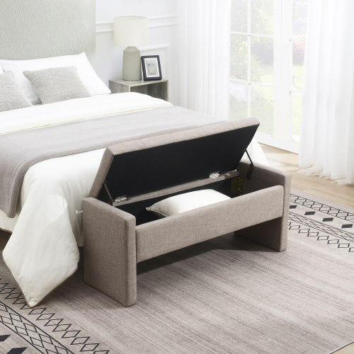 [Video provided]Modern Bed End Bench with Storage,Upholstered Large Foot Rest Stool, Comfy Window Vanity Bench for Living Room,Bedroom,Dorm,Coffee Table,Linen Grey Brown - Brown Grey - Plywood - Foam - Wood - Internal Storage