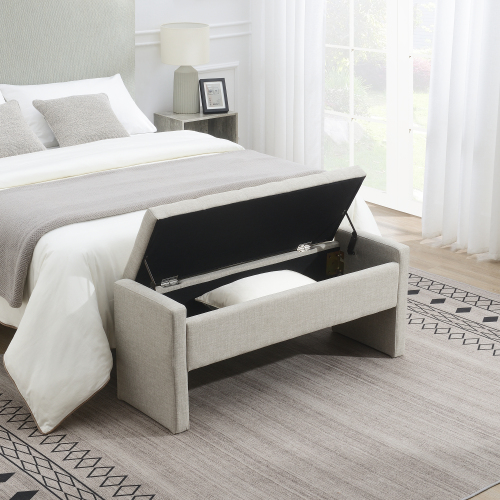 [Video provided]Modern Bed End Bench with Storage,Upholstered Large Foot Rest Stool, Comfy Window Vanity Bench for Living Room,Bedroom,Dorm,Coffee Table,Linen Light Grey - Plywood - Foam - Wood - Internal Storage