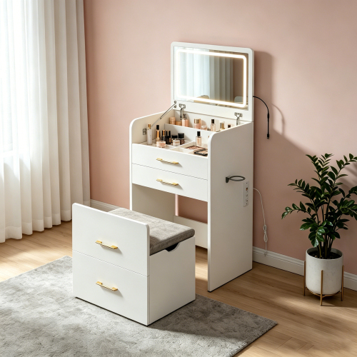 3-in-1 Vanity Desk with Power Outlet & LED Mirror, 23.6" Flip-Up Dressing Table with Charging Station, 3 Drawers, Glass Top, and Padded Stool for Bedroom - Engineered Wood - Engineered Wood