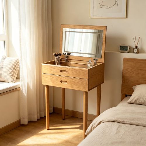 Solid Wood Vanity Small Makeup Vanity with Mirror and Lights 23.6" Flip-Up Dressing Table, 2 Drawers, Glass Top, and Padded Stool for Bedroom - Natural - Rubber Wood