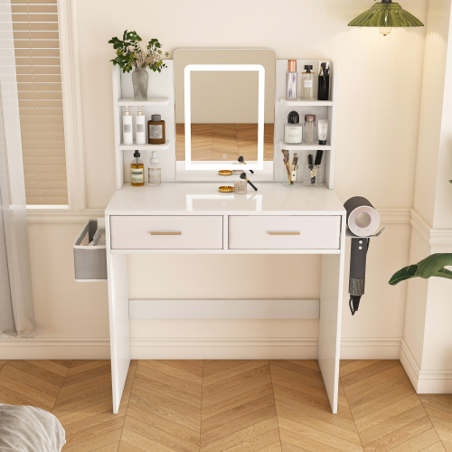 LED Mirror Vanity Dressing Table with Lights for Women & Girls - 3-Color Adjustable Light Strips, 2 Large Drawers, Hair Dryer Stand & Non-Woven Storage Bag, Makeup Desk Bedroom Furniture - White - MDF - Not Specified - Not Specified - Not Specified - Not Specified - Not Specified