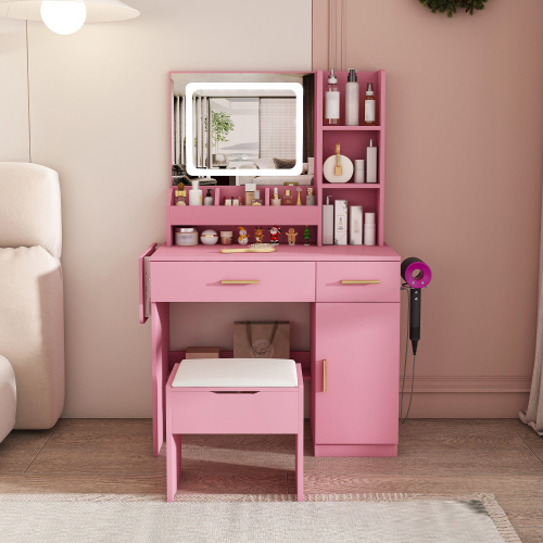 Vanity Desk with LED Mirror Lights and Power Outlet Charging Station, Makeup Dressing Table with 3 Drawers, 7 Shelves and Storage Stool, for Girls and Women (Pink) - MDF - Not Specified - Not Specified - Not Specified - Not Specified - Not Specified