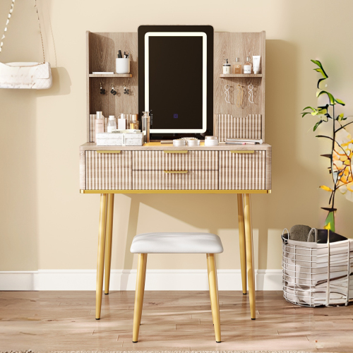 4-Drawer Vanity Desk with LED Mirror & Carved Details, Fluted Makeup Table with Metal Legs and PU Stool, Carved Dressing Table with Jewelry Storage for Bedroom - Yellow Brown - MDF - Not Specified - Not Specified - Not Specified - Not Specified - Not Specified