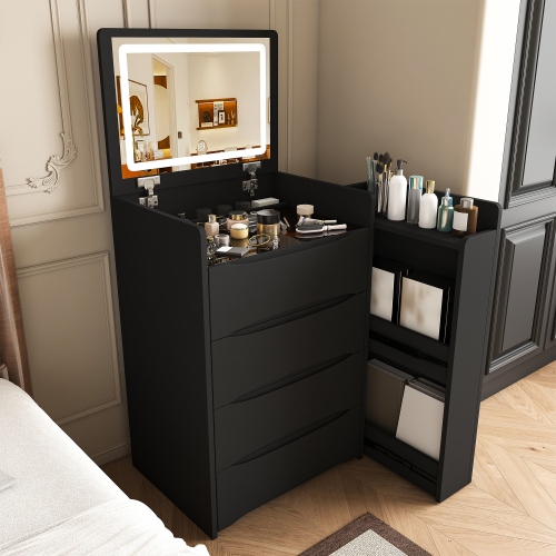 3-in-1 Flip Mirror Vanity Desk with Lights & Storage, Makeup Dressing Table with Adjustable LED, Side Sliding Tray and Stool, Space-Saving Furniture for Bedroom(Black) - MDF - Luxury,Modern - Drawer - Not Specified - Not Specified