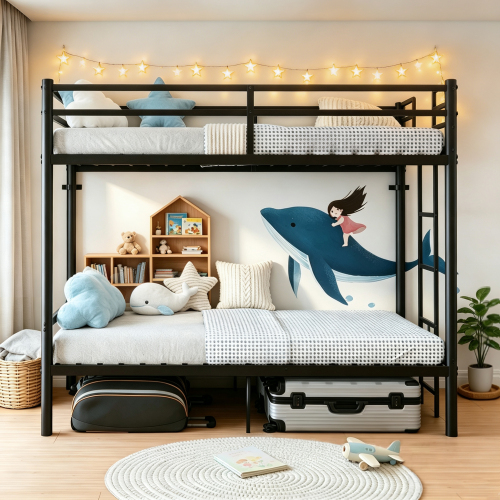 Bunk Bed with Ladder and high Guardrail, Able to Split, Metal Bunk Bed, Storage Space, Noise Free,Twin Over Twin Size,Black - Modern - Bathroom - Box Spring Not Required - Metal - Metal - Modern - Bathroom - Twin - Bunk - Box Spring Not Required