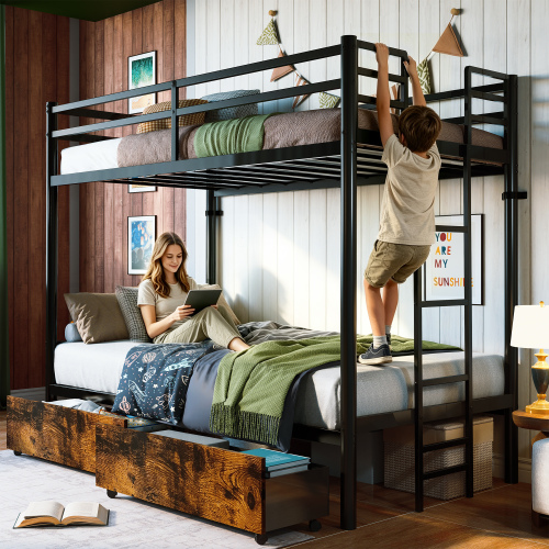 Twin over Twin Metal Bunk Bed with 2 Storage Drawers, Heavy Duty Bunk Bed Frame with 11.3" Safety Guardrail & Ladder, No Box Spring Needed, Noise-Free, Black - Modern - Bathroom - Box Spring Not Required