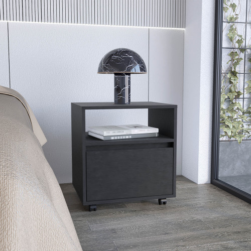 Nightstand 20"H, with One Open Shelf, 1 Drawer and Casters, Black - Particle Board - Particle Board
